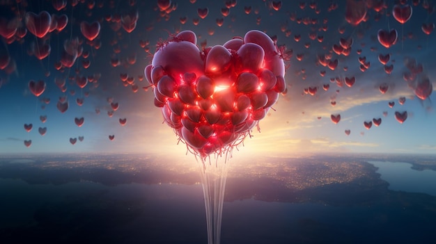 palloncini che fluttuano nell'aria con un palloncino a forma di cuore al centro ai generativa