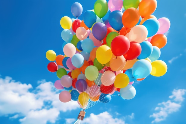 Palloncini colorati che galleggiano contro un cielo blu chiaro IA generativa