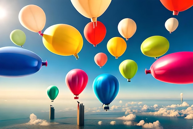 Palloncini colorati che galleggiano nel cielo sopra le nuvole