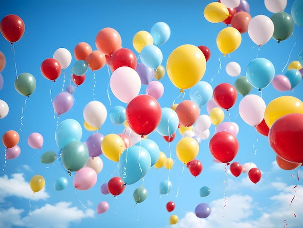 Palloncini colorati che volano nel cielo blu