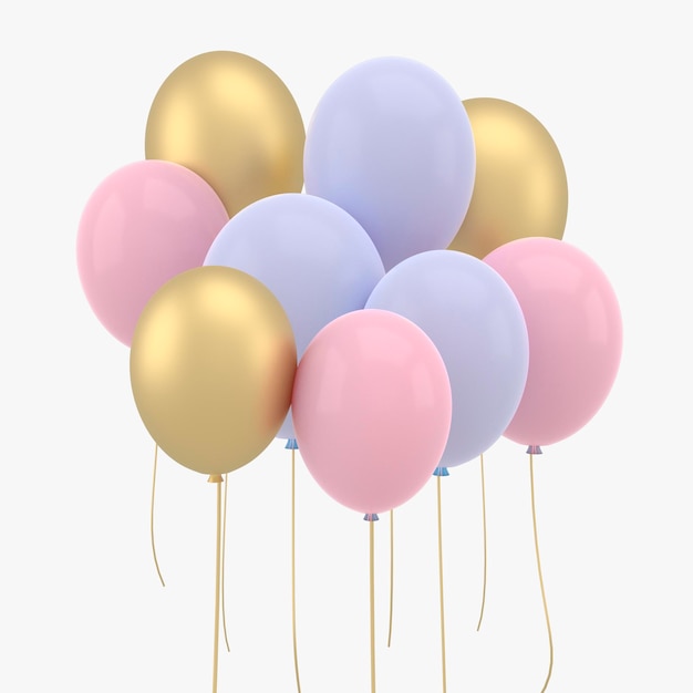 Palloncini colorati che volano per feste di compleanno e celebrazioni Rendering 3D per striscioni per feste di compleanno