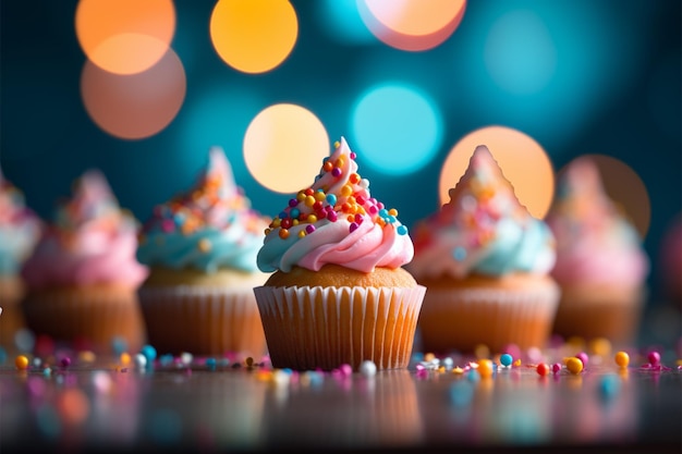 Palloncini colorati circondano i cupcake di compleanno su uno sfondo meravigliosamente sfocato