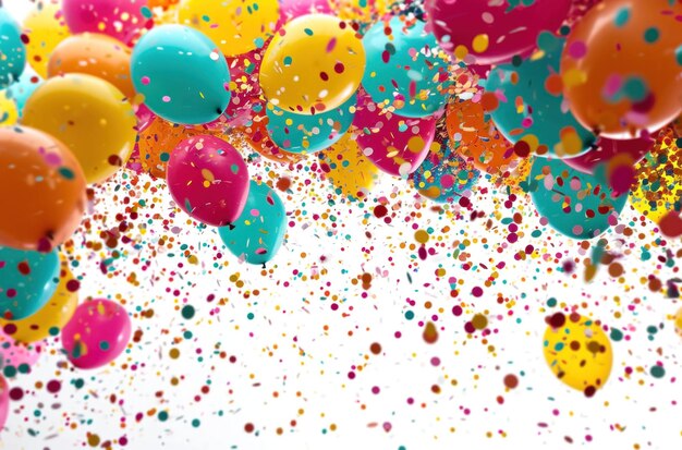 palloncini colorati e confetti su uno sfondo bianco