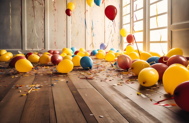 palloncini colorati e coriandoli disposti su uno sfondo di legno bianco