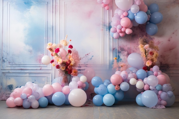 palloncini colorati e decorazioni floreali in una moderna sala per matrimoni in stile soft