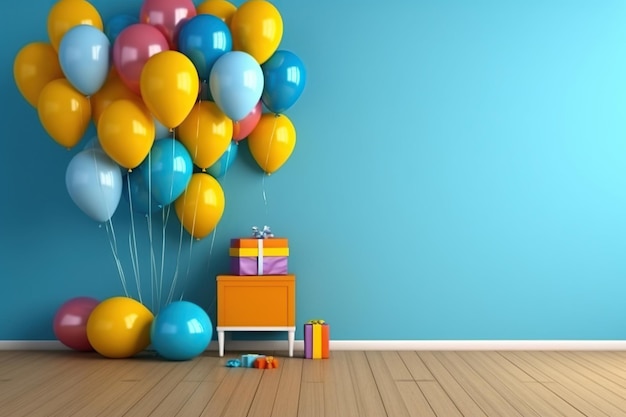 Palloncini colorati e regali decorati piatti per compleanno
