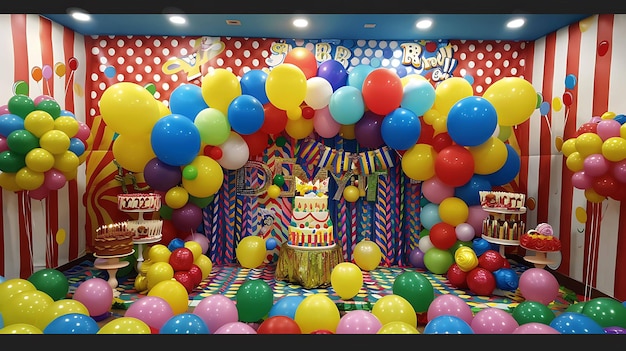 Palloncini colorati e strisce decorano una stanza per una festa di compleanno Ci sono torte regali e un arco di palloncini La stanza è luminosa e festiva