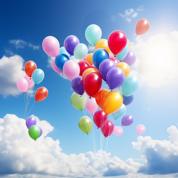 Palloncini colorati galleggiano tra il cielo blu e le nuvole