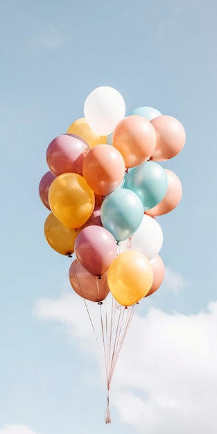 Palloncini colorati galleggianti su sfondo blu cielo Ai generato