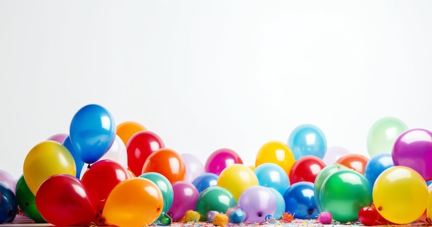 Palloncini colorati per feste su sfondo bianco Festa festiva e decorazione di buon compleanno con spazio per la copia set di palloncini multicolori