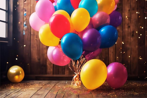 Palloncini colorati riempiono una stanza con un pavimento in legno