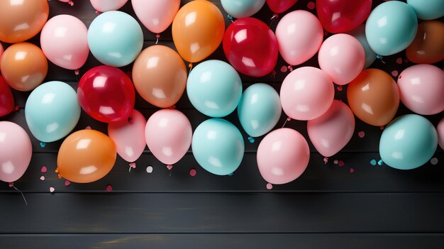 palloncini colorati su uno sfondo nero con uno sfondo rosso e blu