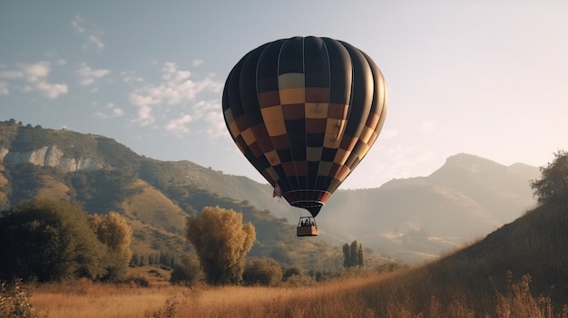 Palloncini colorati volano tra le nuvole al sole sopra le colline delle montagne Banner di intestazione mockup con spazio di copia AI generato