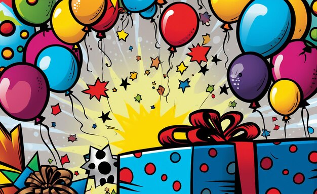 Palloncini con illustrazione in stile fumetto e una confezione regalo 01