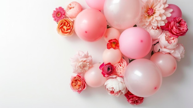 palloncini con ranunculus e rose su uno sfondo bianco