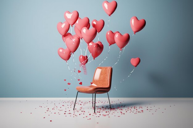 Palloncini cuore rosso che galleggiano nell'aria con sopra la parola amore