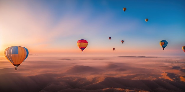 Palloncini d'aria calda colorati volano nel cielo con la luce del sole sopra le montagne AI generativa