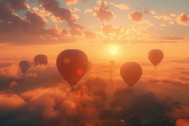 Palloncini d'aria calda vibranti che riempiono il cielo all'alba