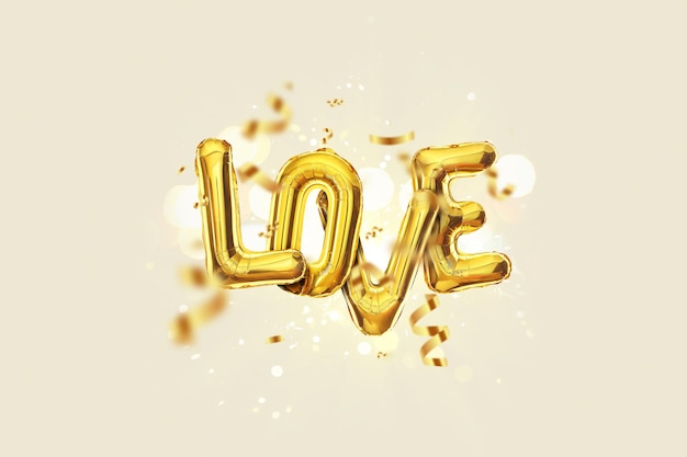 Palloncini d'oro Amore volare con scintille di coriandoli e luce bokeh su sfondo beige Idea creativa per le vacanze di San Valentino Concetto di banner Luxury Gold Love