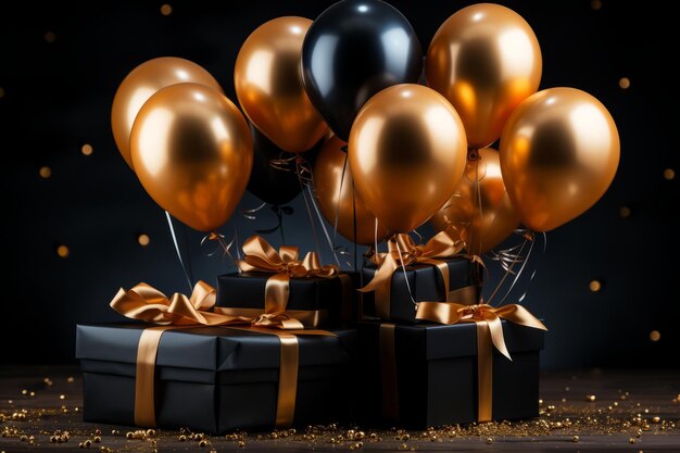 Palloncini d'oro che sorvolano una confezione regalo su uno sfondo nero nello stile nero Generative AI