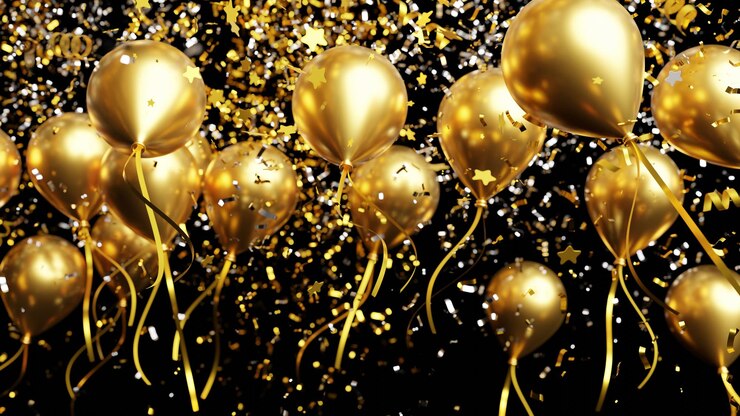 Palloncini d'oro con confetti di foglio che cadono su uno sfondo nero rendering 3D