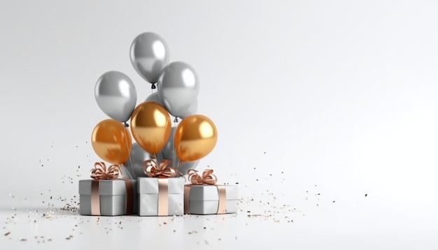 Palloncini d'oro e d'argento e regali con archi intorno ai confetti Banner di sfondo luminoso di Capodanno con spazio per il proprio contenuto