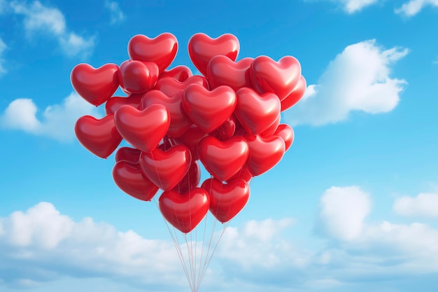 Palloncini di cuore d'amore che galleggiano nel cielo blu