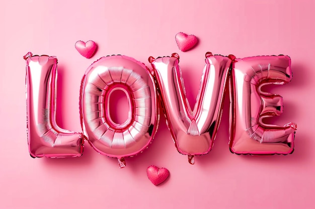 Palloncini di cuore rosa che scrivono l'amore in lettere bianche