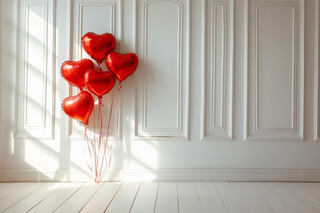 Palloncini di cuore rosso in una stanza bianca minimalista