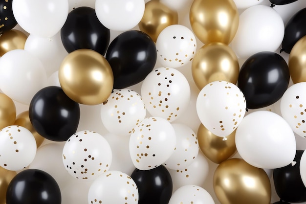 palloncini di elio neri e dorati su sfondo bianco per festeggiare