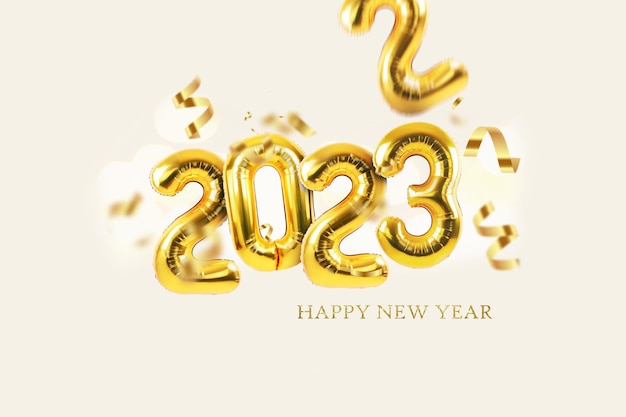 Palloncini dorati 2023 Capodanno con coriandoli su sfondo chiaro Felice anno nuovo design creativo Il palloncino numero 3 sostituisce 2 Dal 2022 al 2023