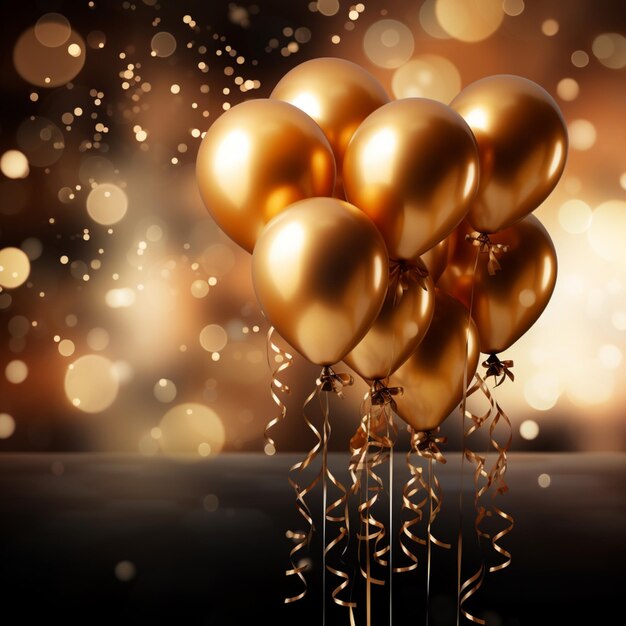 palloncini dorati festivi con nastri e coriandoli rendering 3D per le dimensioni dei post sui social media
