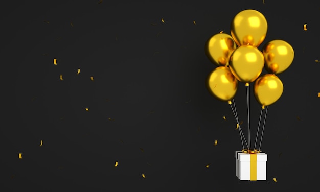 Palloncini dorati galleggianti con coriandoli isolati per buon compleanno sfondo 3d