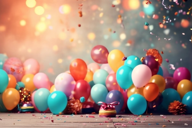 Palloncini e confetti sono sparsi attorno a una torta di compleanno generativa ai