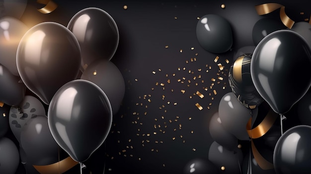 Palloncini e coriandoli neri e oro su sfondo nero