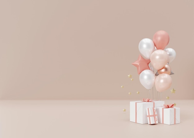 Palloncini e regali su sfondo crema Spazio per la copia gratuito per testo o altri oggetti di design Modello per la scheda evento festa di compleanno Festa della mamma Festa della donna Rendering 3d