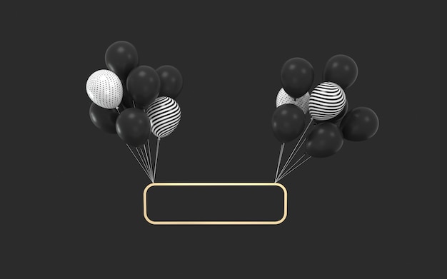 Palloncini e struttura in metallo con rendering 3d su sfondo nero
