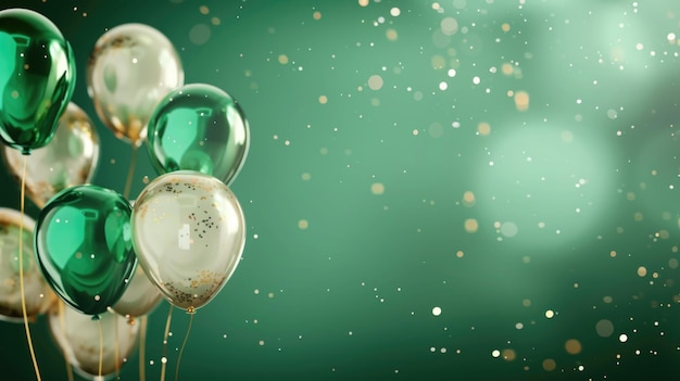 Palloncini festivi con luccioli e confetti su uno sfondo verde