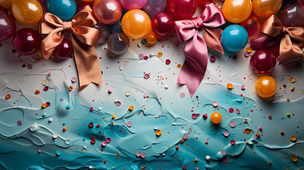 Palloncini festivi con nastri vibranti e confetti su uno sfondo texturato