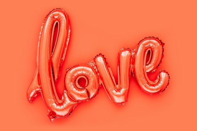 Palloncini Foil rossi a forma di scritta "Love" su sfondo rosso. Concetto di amore. Vacanza, celebrazione. Decorazione per San Valentino o matrimonio/addio al nubilato.