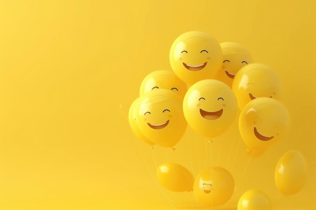Palloncini gialli con sorrisi disegnati su uno sfondo giallo concetto di giorno giallo