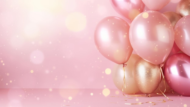 Palloncini luccicanti rosa e dorati su sfondo pastello morbido rosa chiaro generativo ai