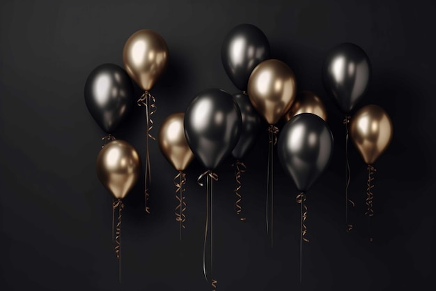 Palloncini neri e dorati con nastri su sfondo nero rendering 3D