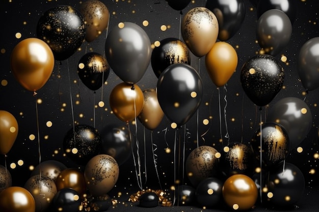 Palloncini neri e oro con glitter e scintillii dorati su sfondo nero