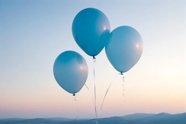 Palloncini pastello in un cielo blu minimalista creano un'atmosfera di calma e meraviglia in questa straordinaria foto generata dall'intelligenza artificiale