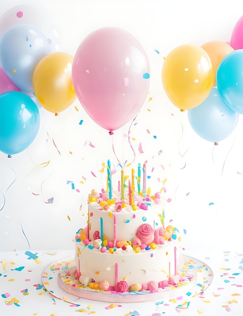 Palloncini per feste di compleanno e torta con coriandoli