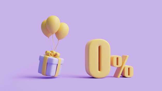 Palloncini regalo e segno di zero percentuale su sfondo viola pastello Decorazione natalizia rendering 3D