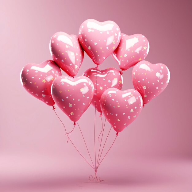 Palloncini rosa a forma di cuore legati con corde sullo sfondo luminoso striscione di San Valentino con spazio per i propri contenuti