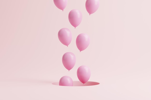Palloncini rosa che galleggiano fuori dal buco su uno sfondo rosa pastello 3D