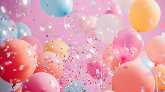 Palloncini rosa e pesca con illustrazione 3D di confetti